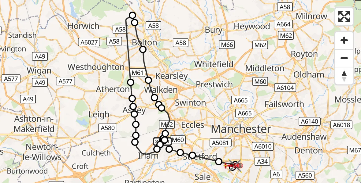 Routekaart van de vlucht: Air Ambulance Helicopter to Manchester, Mauldeth Road West