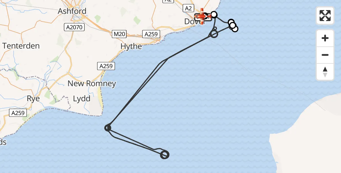 Flight path map showing Coastguard Drone route from Langdon Battery Heliport to Swingate Airfield