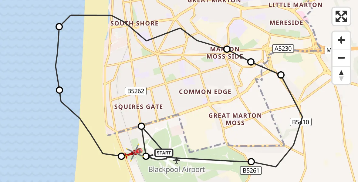 Flight path map showing Air Ambulance Helicopter route from Blackpool Airport to Fylde