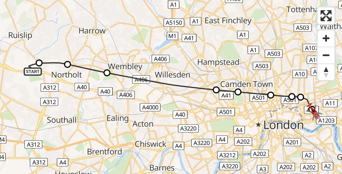 Flight path map showing Air Ambulance Helicopter route from RAF Northolt to Royal London Hospital
