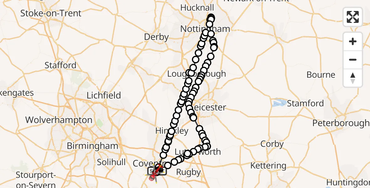 Flight path map showing Air Ambulance Helicopter route from Coventry Airport to Coventry Airport