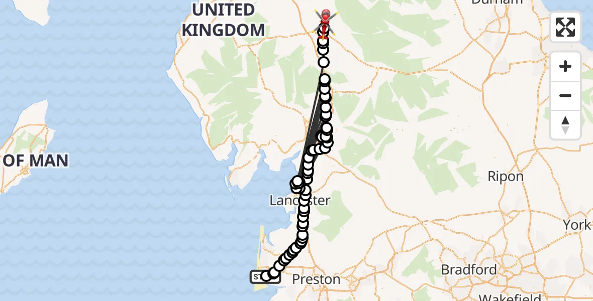 Flight path map showing Air Ambulance Helicopter route from Blackpool Airport to Langwathby