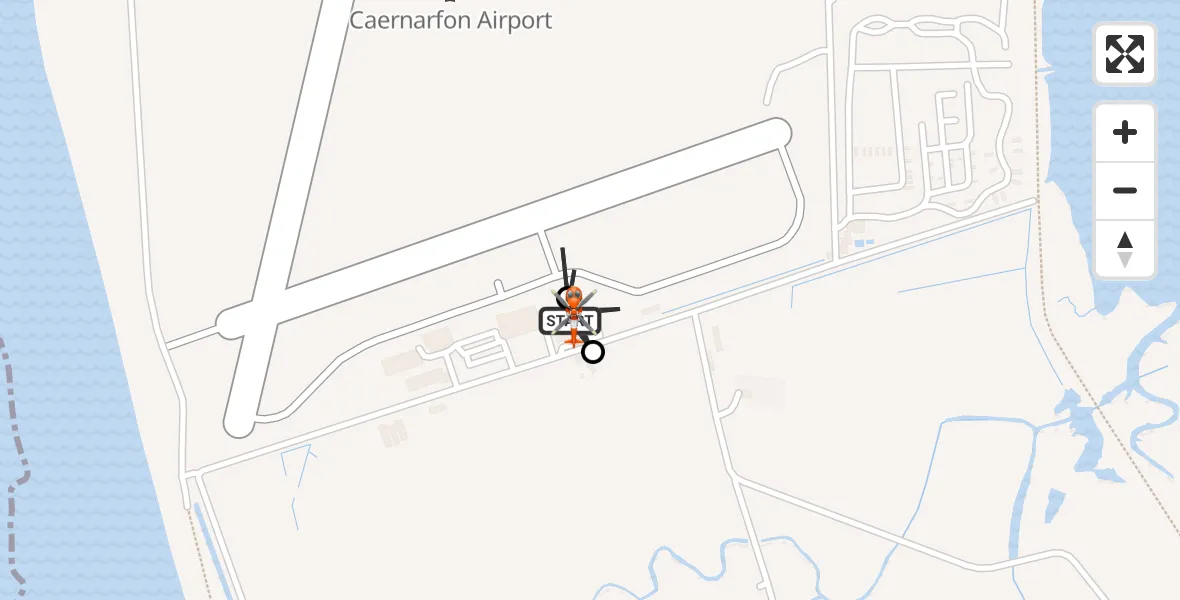 Flight path map showing Coastguard Helicopter route from Caernarfon Airport to Caernarfon Airport