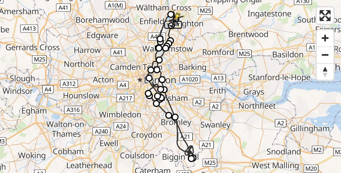 Flight path map showing Police Helicopter route from Greater London to Sewardstonebury