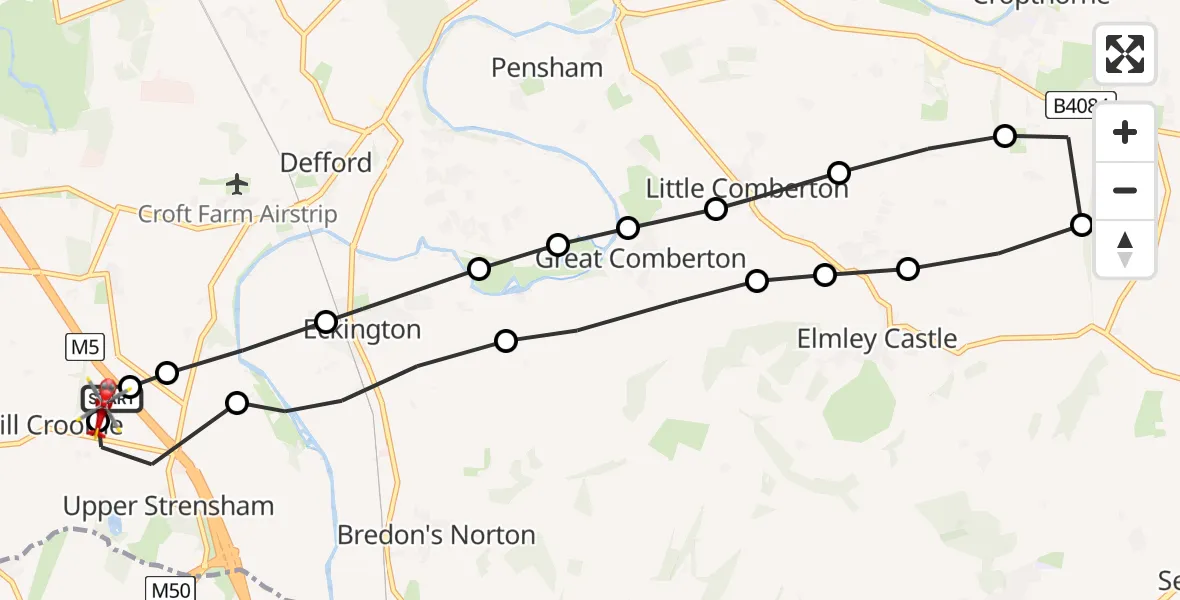 Flight path map showing Air Ambulance Helicopter route from Hill Croome to Hill Croome