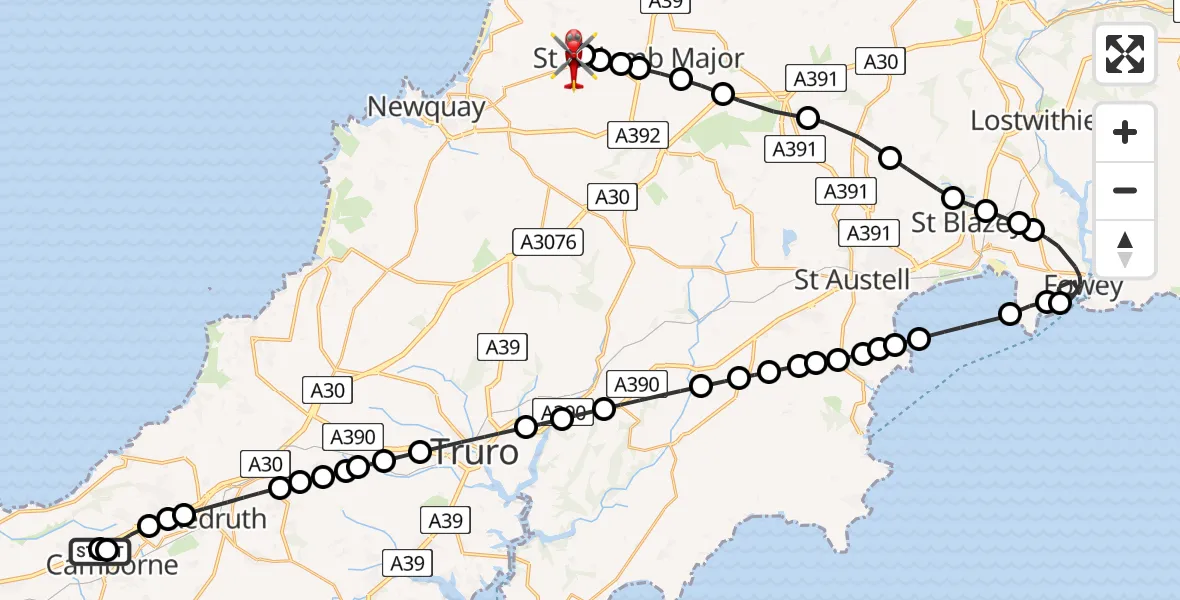 Flight path map showing Air Ambulance Helicopter route from Camborne to Cornwall Airport Newquay