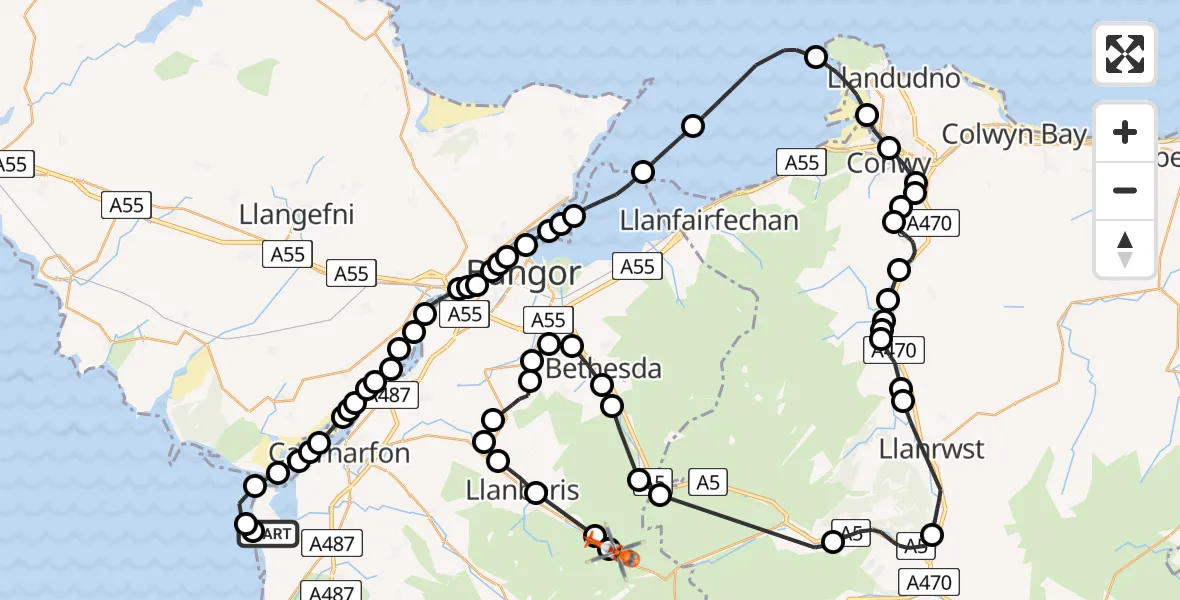 Flight path map showing Coastguard Helicopter route from Caernarfon Airport to Llanberis
