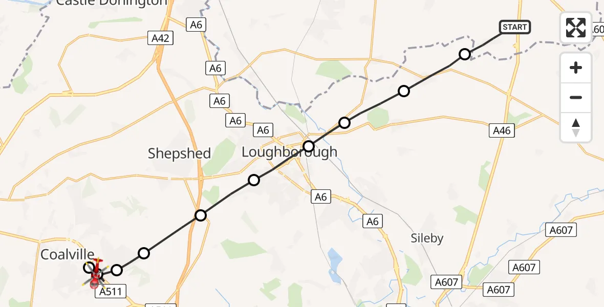 Flight path map showing Air Ambulance Helicopter route from Willoughby on the Wolds to Hugglescote