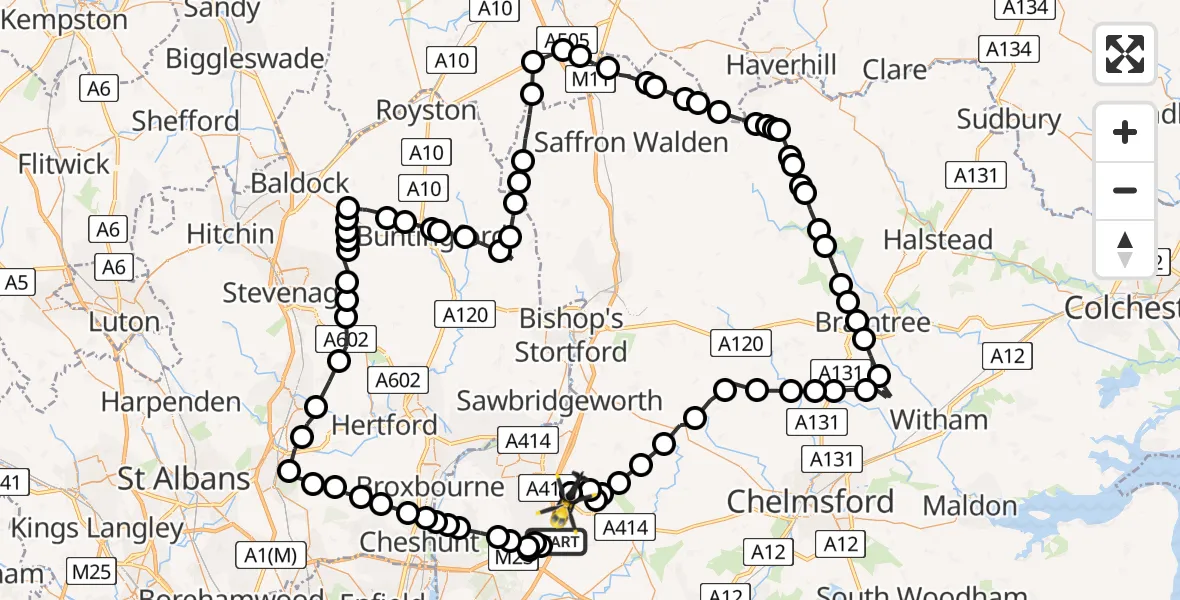 Flight path map showing Police Helicopter route from Coopersale to North Weald Bassett