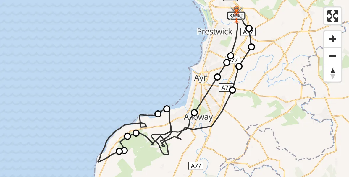 Flight path map showing Coastguard Helicopter route from Glasgow Prestwick Airport to Glasgow Prestwick Airport
