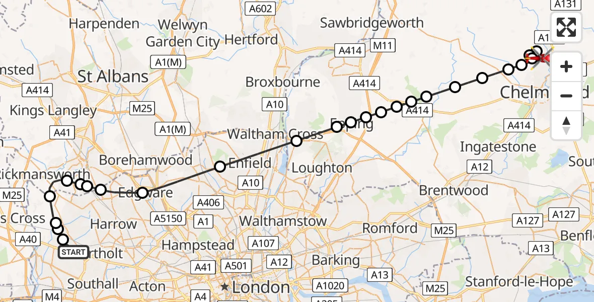 Flight path map showing Air Ambulance Helicopter route from RAF Northolt to Broomfield Hospital