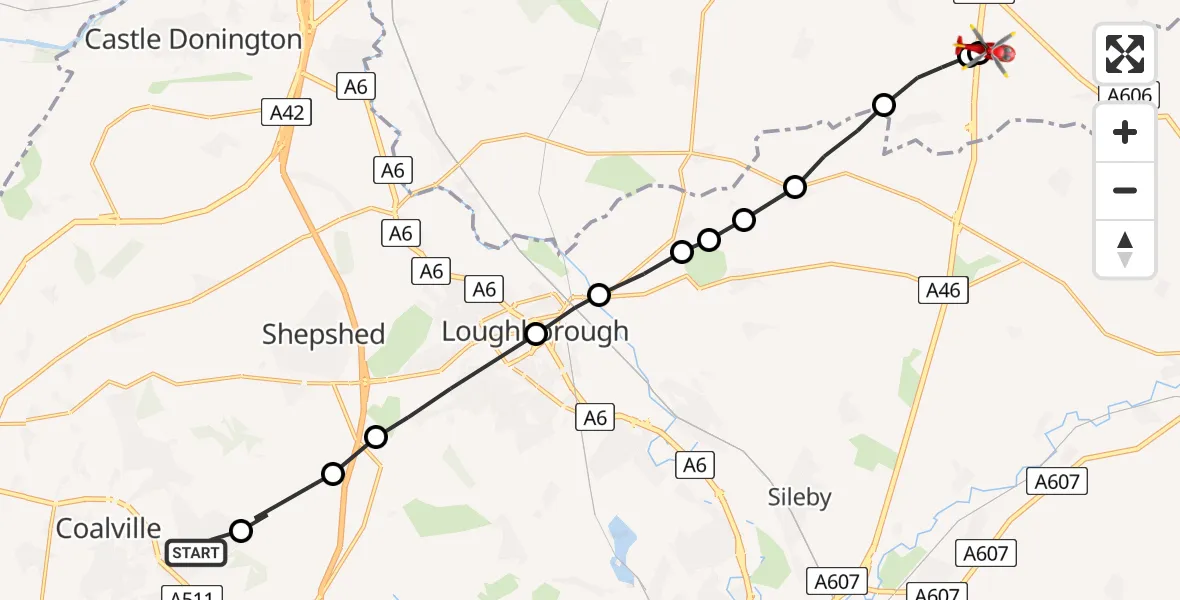 Flight path map showing Air Ambulance Helicopter route from Coalville to Nottingham Heliport