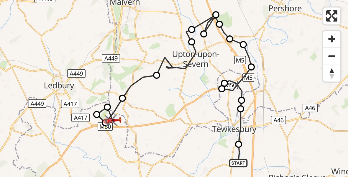 Flight path map showing Air Ambulance Helicopter route from Tredington to Forest of Dean