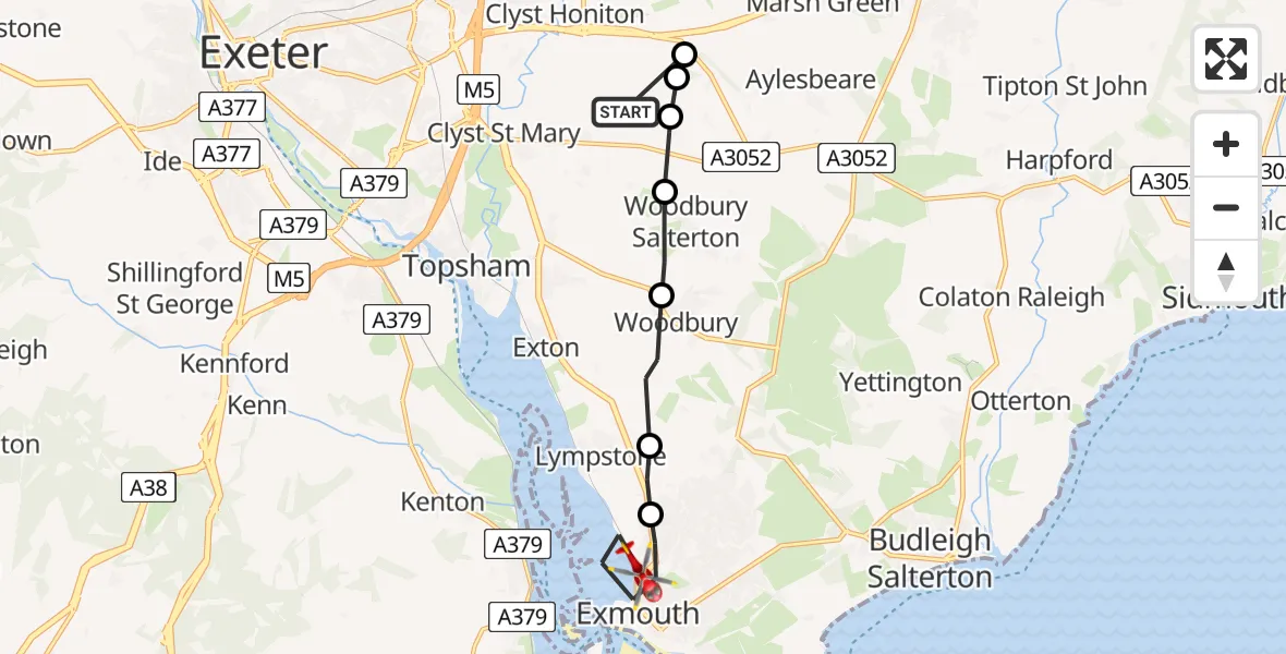 Flight path map showing Air Ambulance Helicopter route from Clyst Honiton to Exmouth