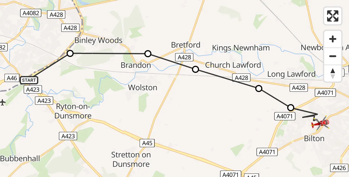 Flight path map showing Air Ambulance Helicopter route from Coventry Airport to Bilton