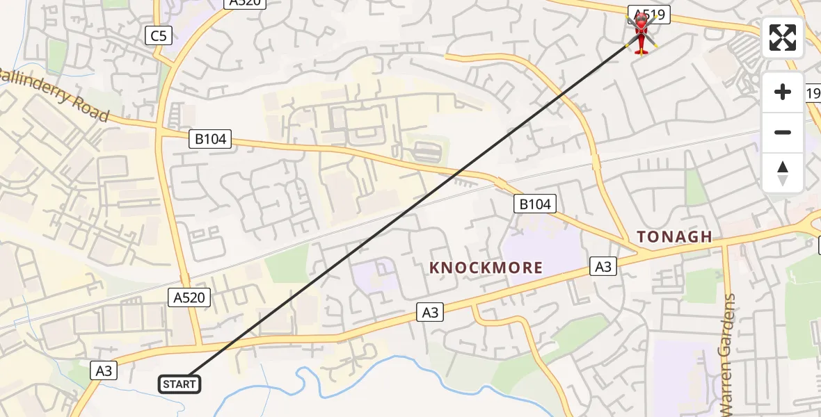 Flight path map showing Air Ambulance Helicopter route from Lisburn to Lisburn