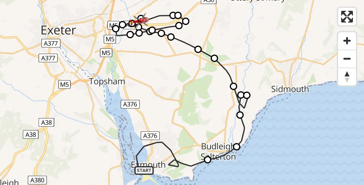 Flight path map showing Air Ambulance Helicopter route from Exmouth to Exeter International Airport