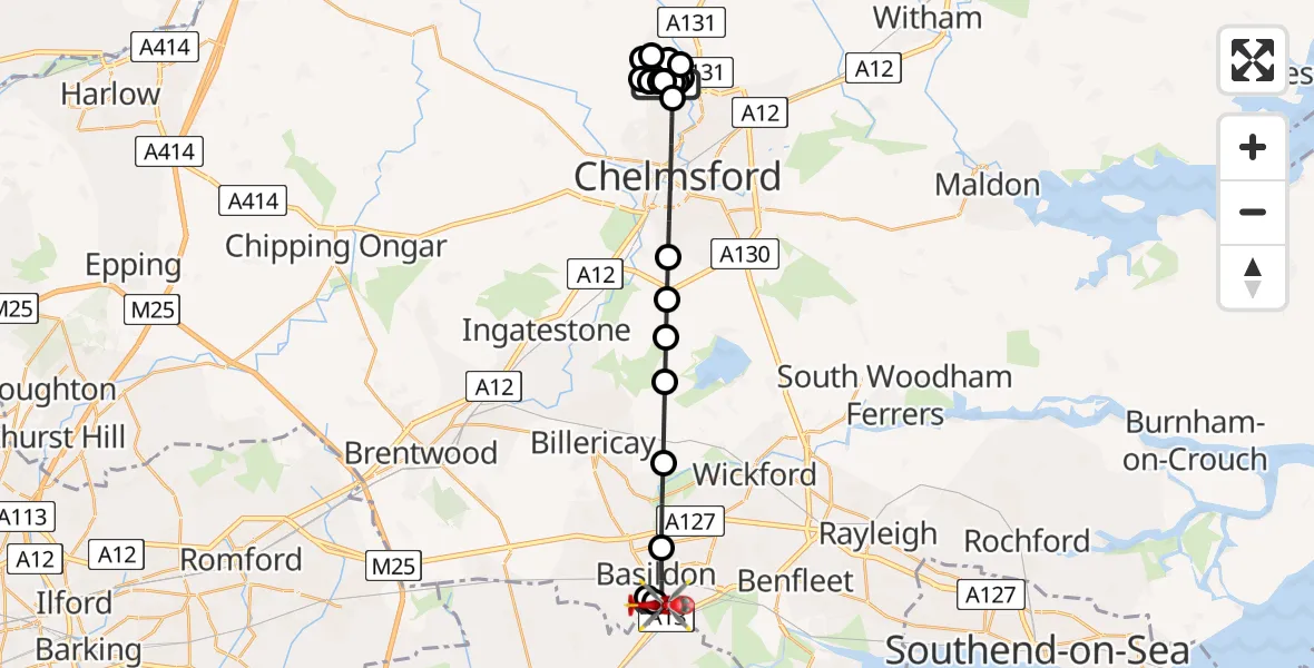 Flight path map showing Air Ambulance Helicopter route from Broomfield Hospital to Basildon