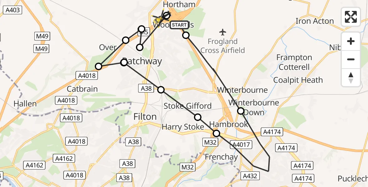 Flight path map showing Police Helicopter route from Woodlands to Almondsbury Helicopter Base