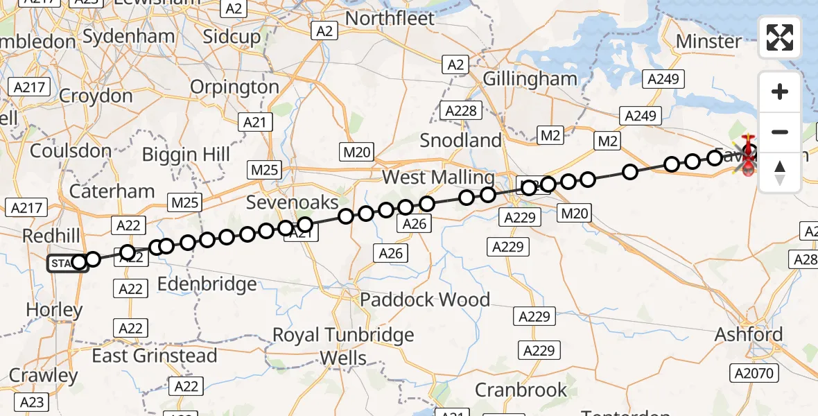 Flight path map showing Air Ambulance Helicopter route from Redhill Aerodrome to Ospringe