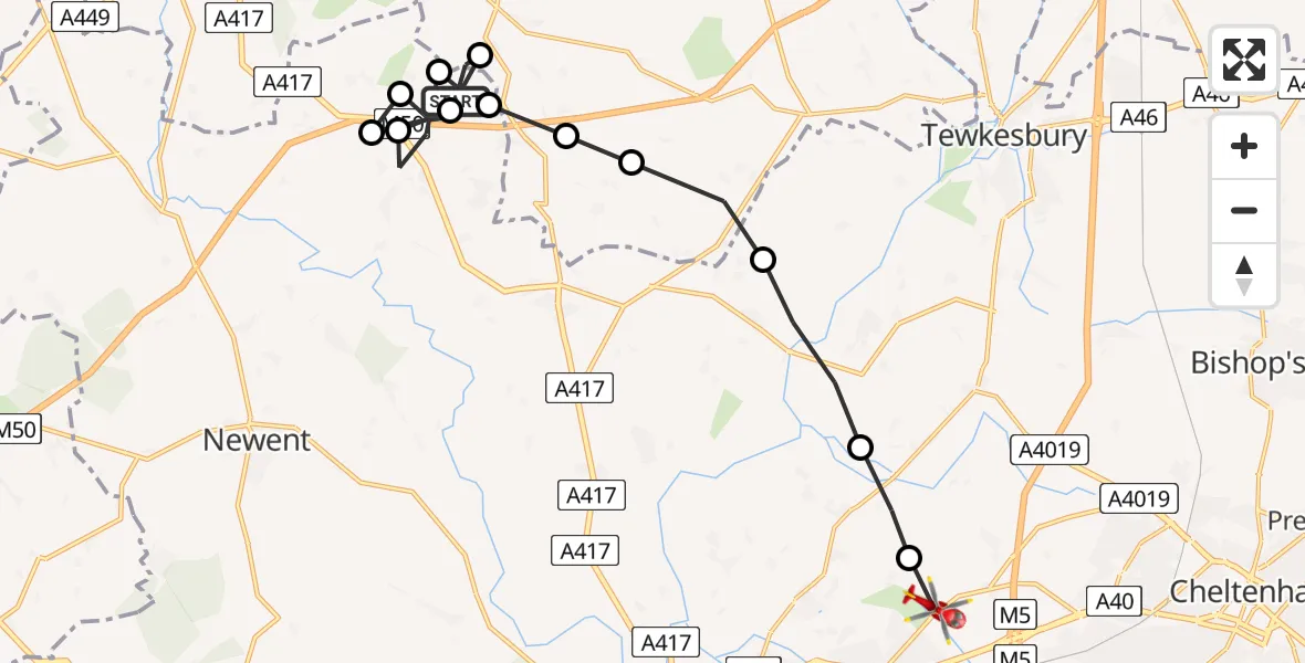 Flight path map showing Air Ambulance Helicopter route from Forest of Dean to Gloucester