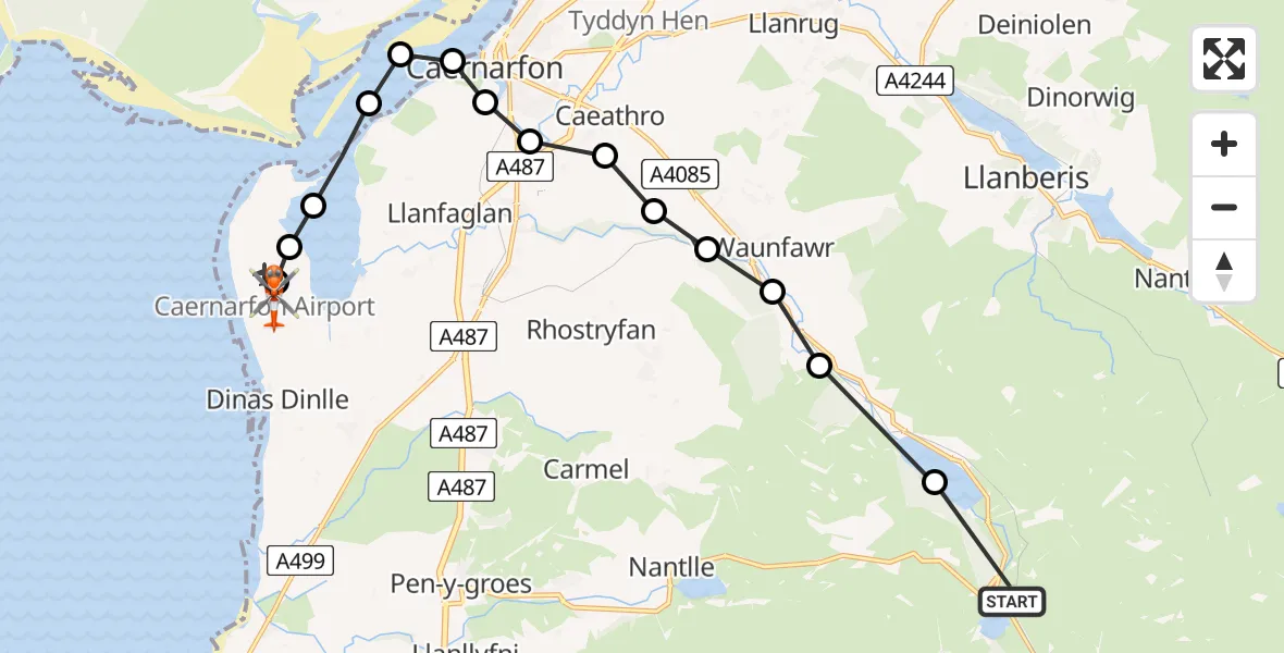 Flight path map showing Coastguard Helicopter route from Rhyd-ddu to Caernarfon Airport
