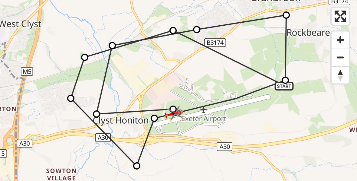 Flight path map showing Air Ambulance Helicopter route from Exeter International Airport to Exeter International Airport