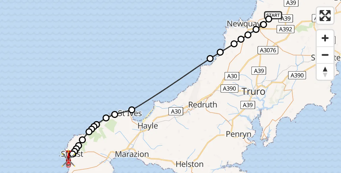 Flight path map showing Air Ambulance Helicopter route from Cornwall Airport Newquay to Bosavern