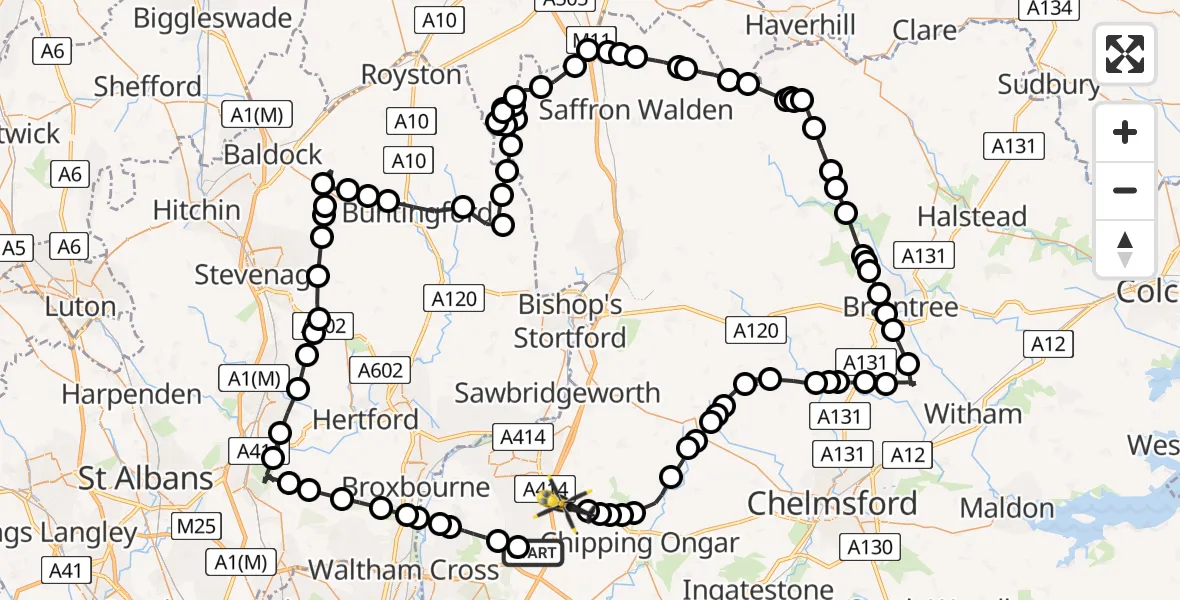 Flight path map showing Police Helicopter route from Coopersale Street to North Weald Bassett