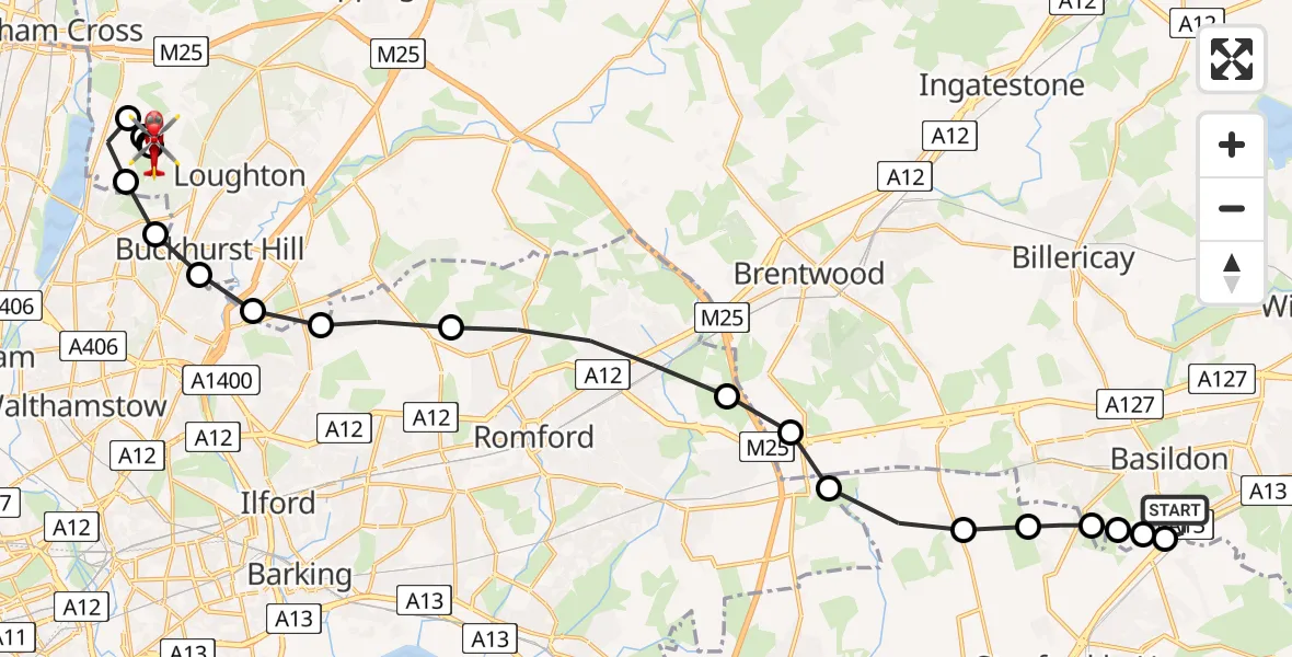 Flight path map showing Air Ambulance Helicopter route from Basildon to Metropolitan Police Air Support Unit Lippitts Hill