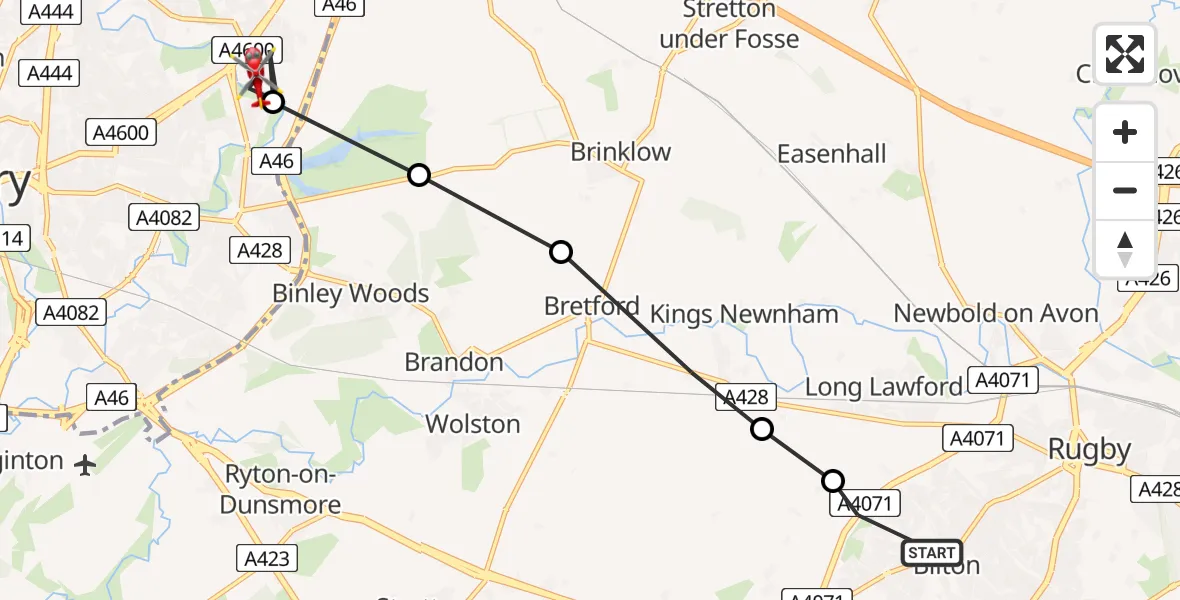 Flight path map showing Air Ambulance Helicopter route from Bilton to Coventry