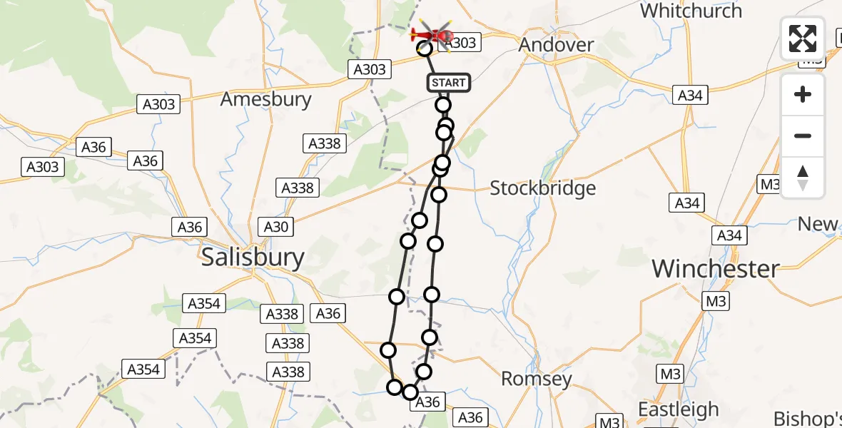 Flight path map showing Air Ambulance Helicopter route from Grateley to Kimpton