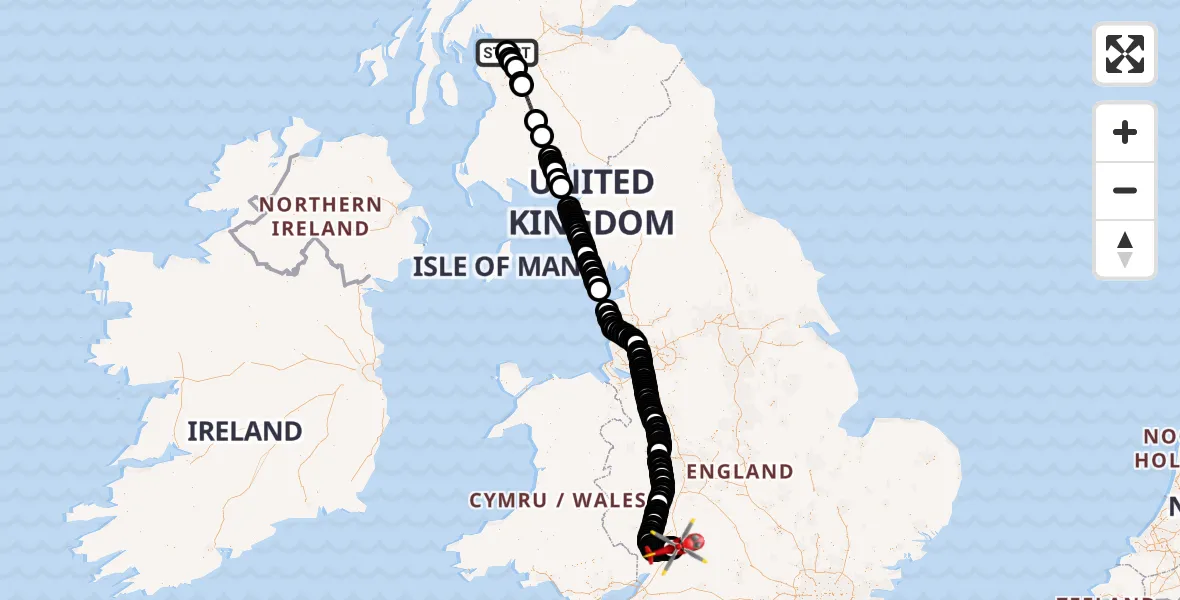 Flight path map showing Air Ambulance Helicopter route from Glasgow Airport to Gloucestershire Airport