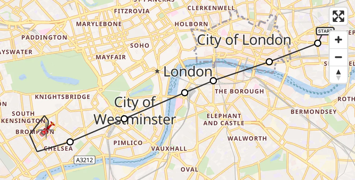 Flight path map showing Air Ambulance Helicopter route from Royal London Hospital to Royal Borough of Kensington and Chelsea