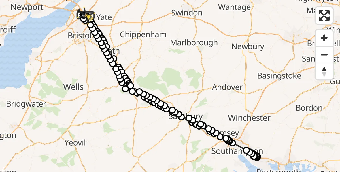 Flight path map showing Police Helicopter route from Woodlands to Almondsbury Helicopter Base