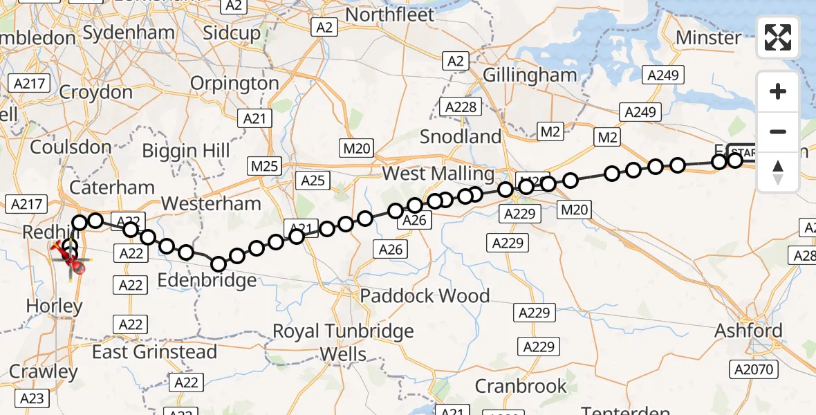 Flight path map showing Air Ambulance Helicopter route from Ospringe to Redhill Aerodrome