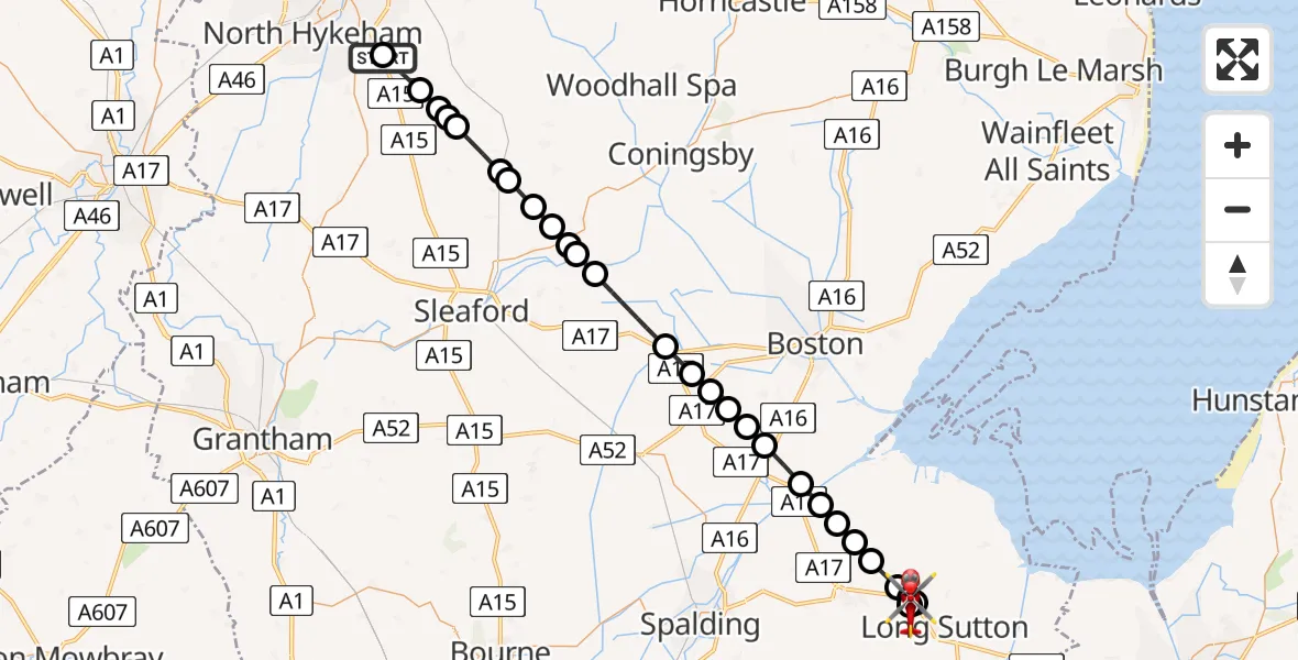 Flight path map showing Air Ambulance Helicopter route from RAF Waddington to Gedney