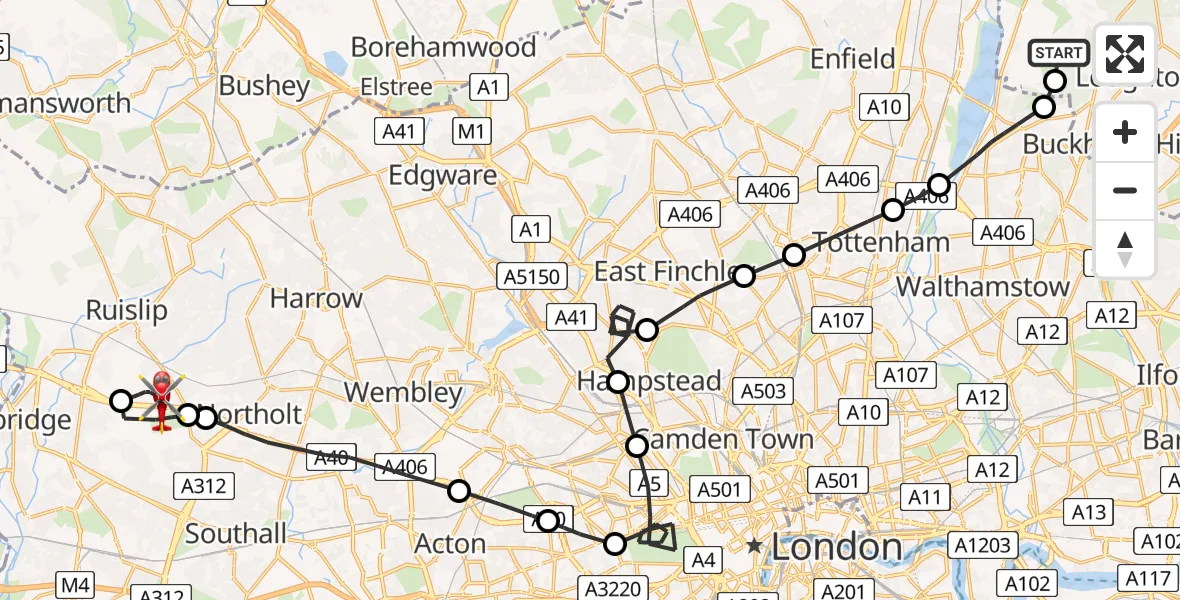 Flight path map showing Air Ambulance Helicopter route from Metropolitan Police Air Support Unit Lippitts Hill to RAF Northolt