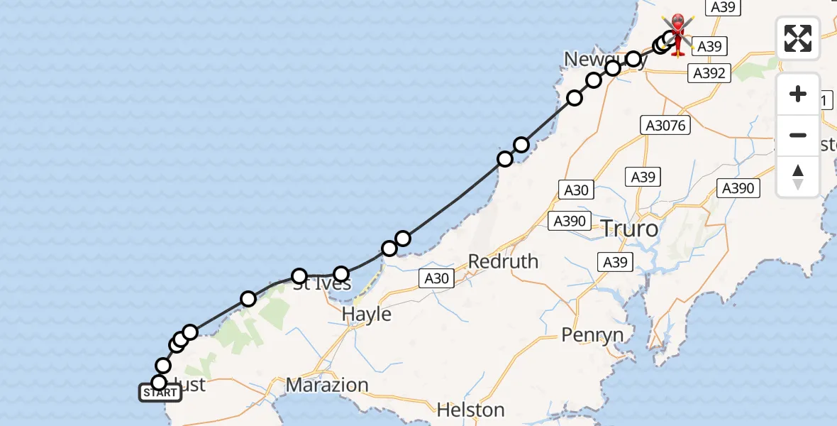 Flight path map showing Air Ambulance Helicopter route from Bosavern to Cornwall Airport Newquay