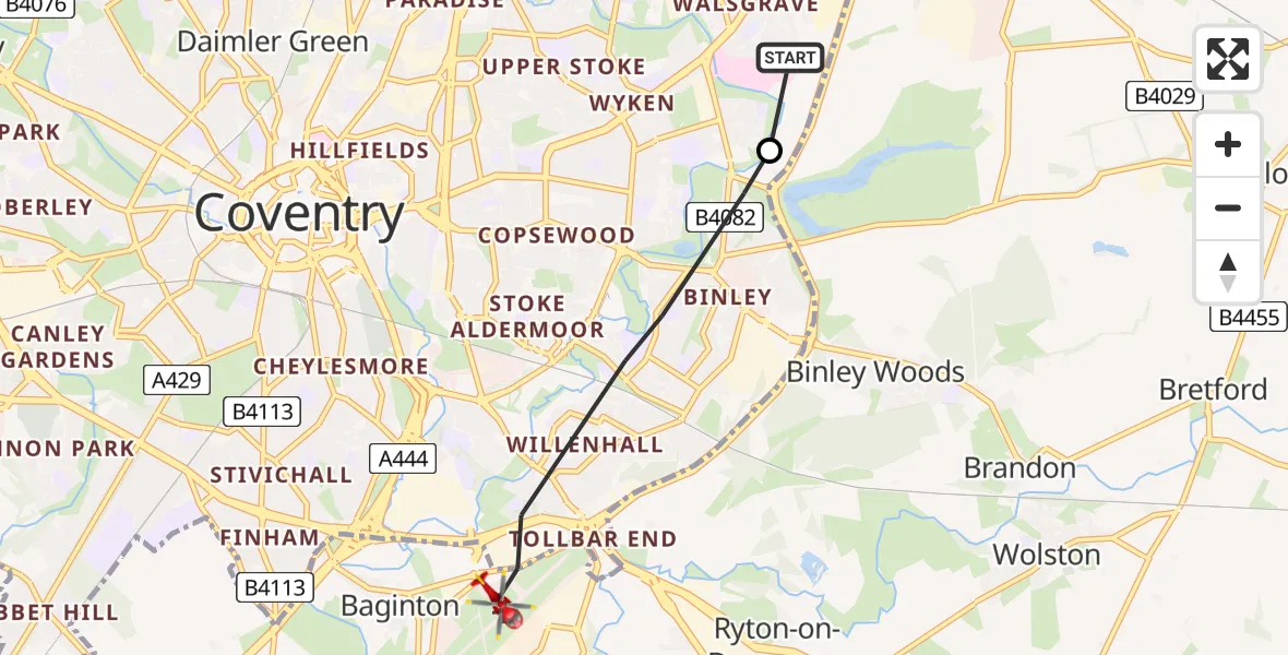 Flight path map showing Air Ambulance Helicopter route from University Hospital Coventry to Coventry Airport