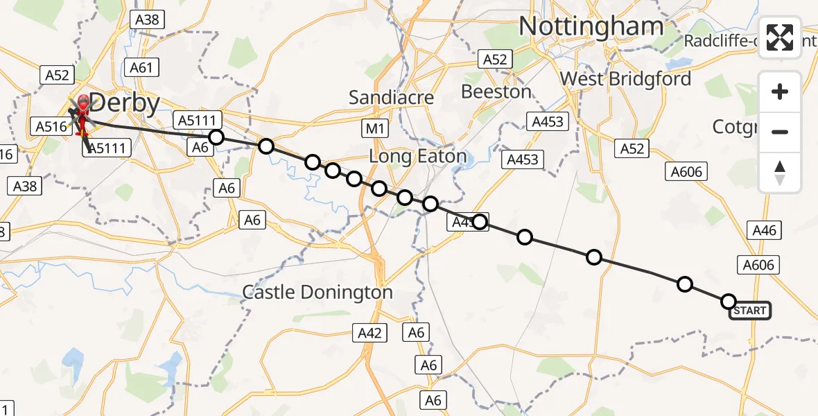 Flight path map showing Air Ambulance Helicopter route from Willoughby on the Wolds to Derby