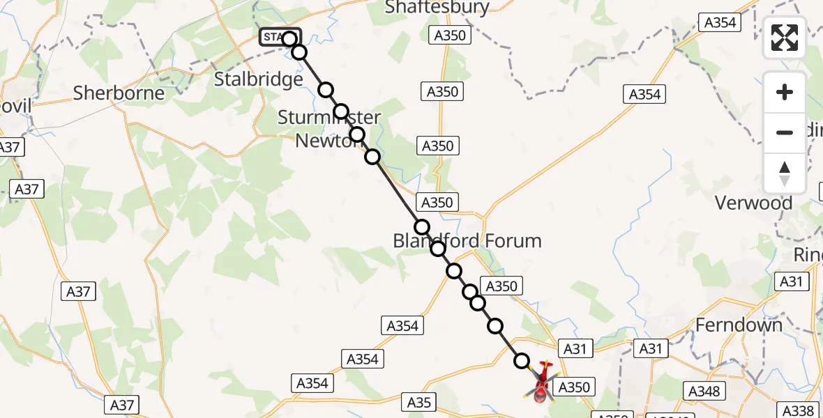 Flight path map showing Air Ambulance Helicopter route from Henstridge Airfield to Lytchett Matravers