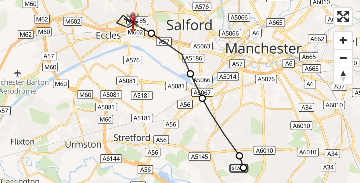 Flight path map showing Air Ambulance Helicopter route from Manchester to Eccles