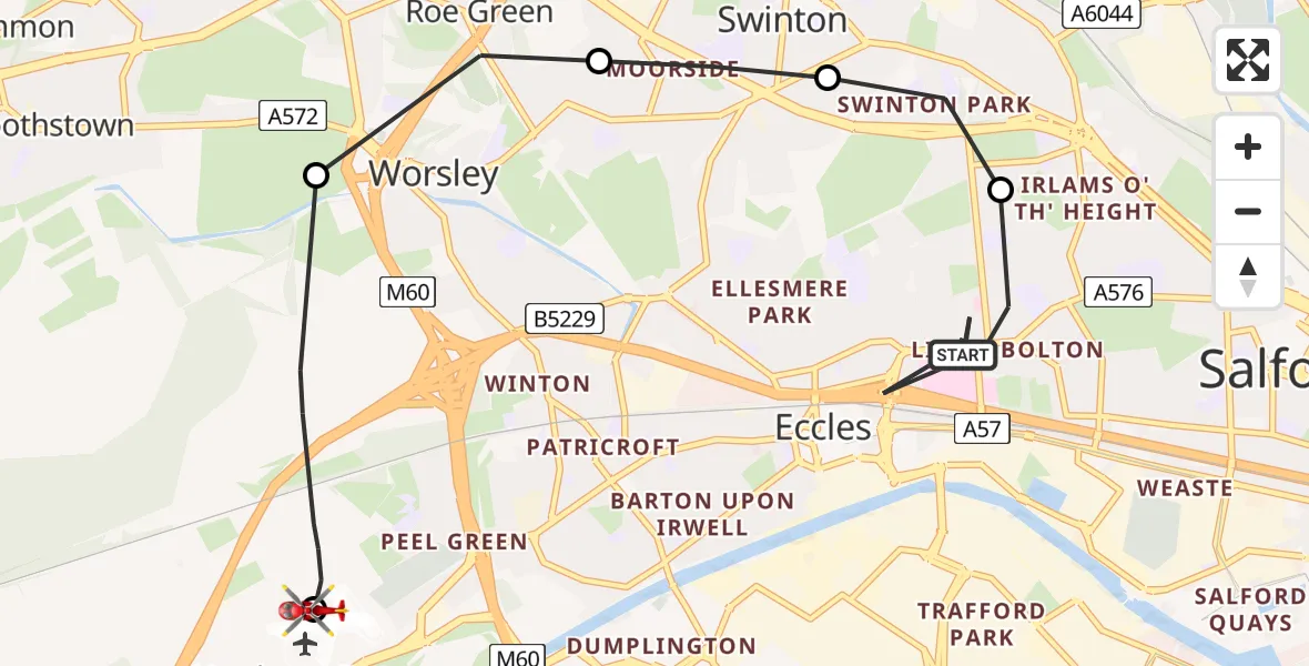 Flight path map showing Air Ambulance Helicopter route from Eccles to Manchester Barton Aerodrome