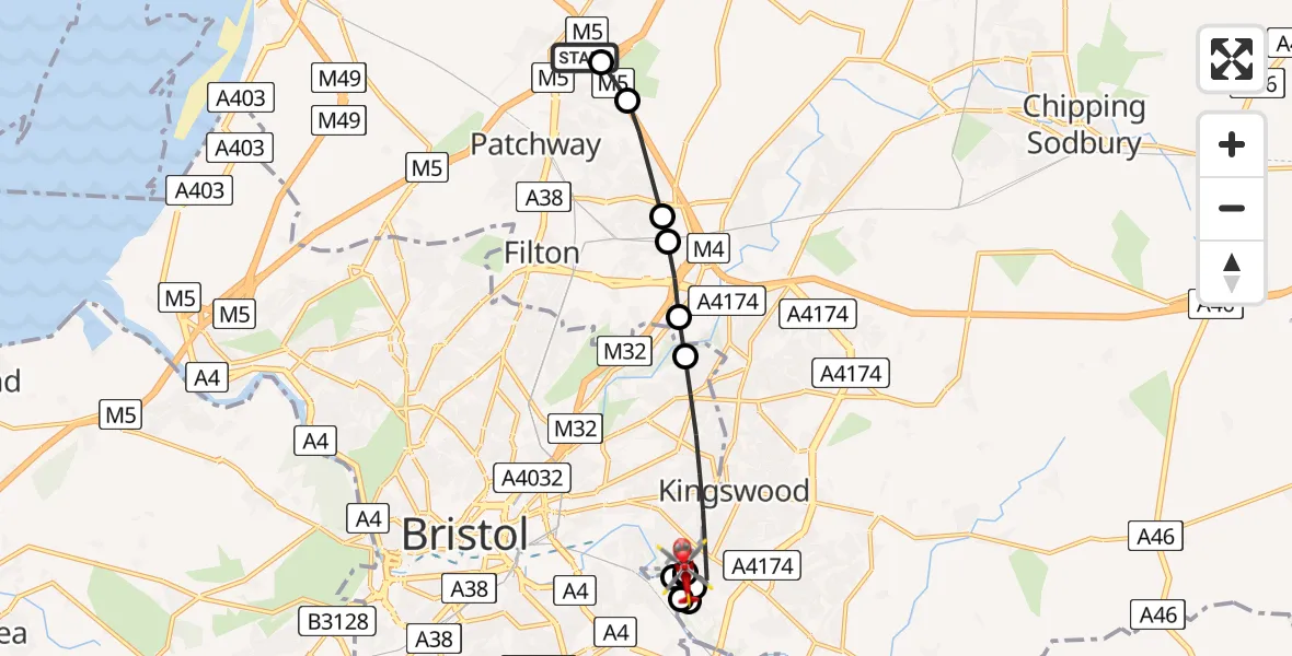 Flight path map showing Air Ambulance Helicopter route from Almondsbury Helicopter Base to Bristol