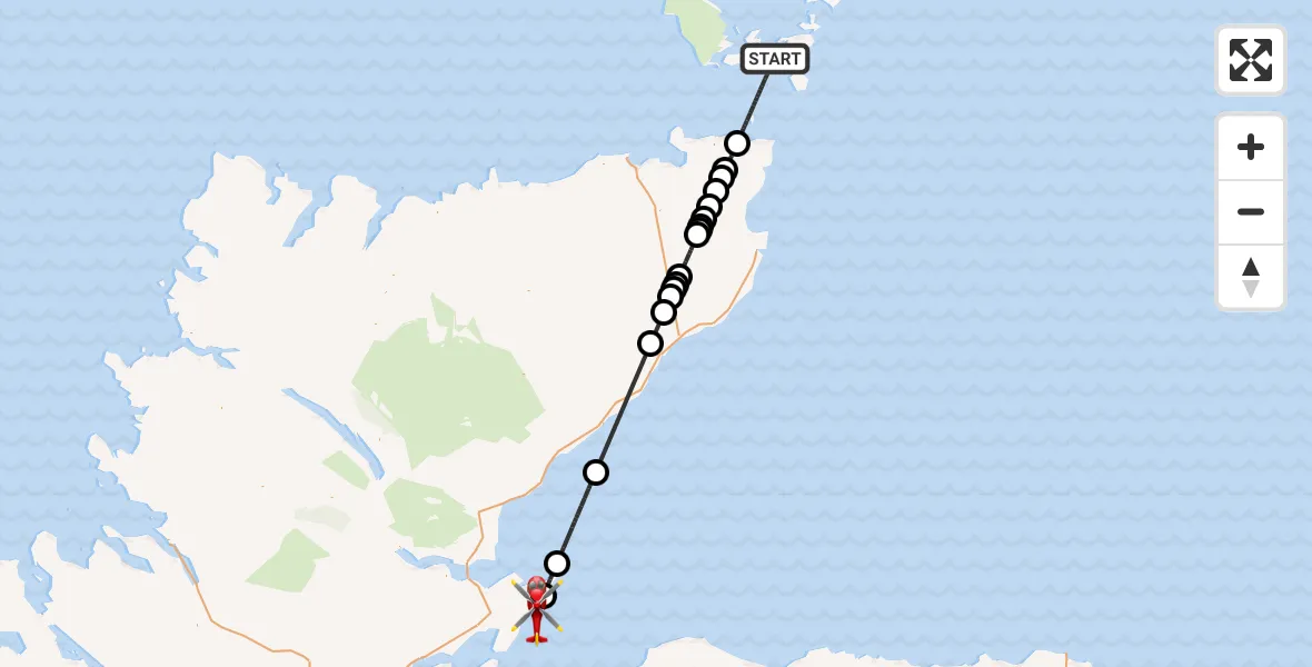 Flight path map showing Air Ambulance Helicopter route from North Atlantic Ocean to Hilton of Cadboll