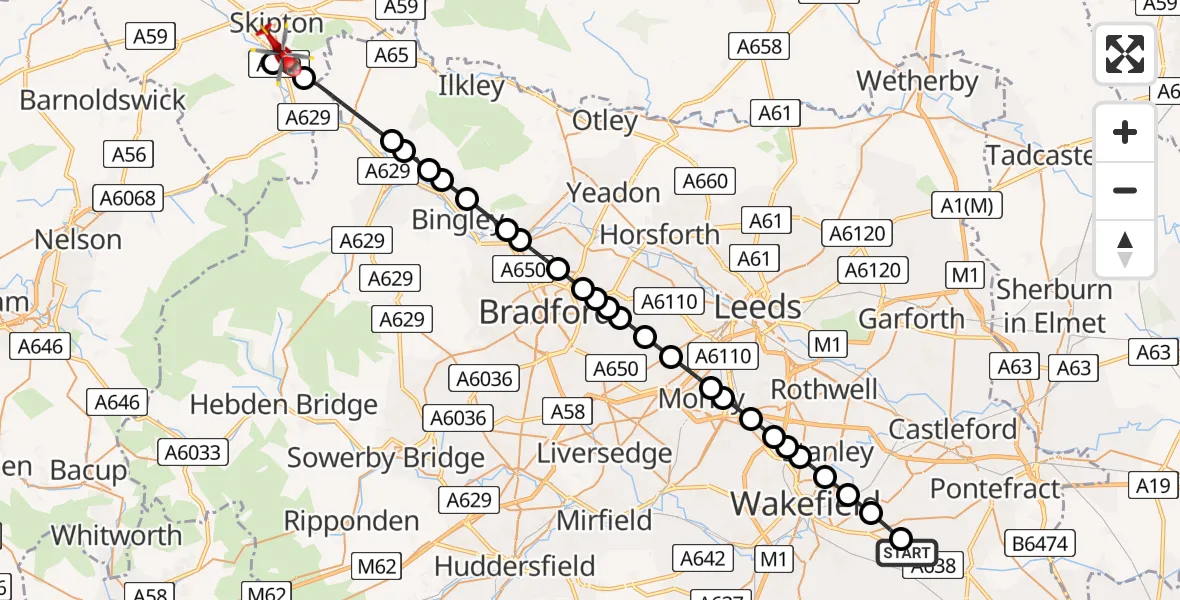 Flight path map showing Air Ambulance Helicopter route from YAA Nostell Helicopter Port to Skipton