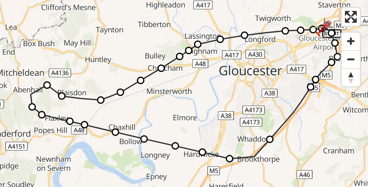 Flight path map showing Air Ambulance Helicopter route from Gloucestershire Airport to Gloucestershire Airport
