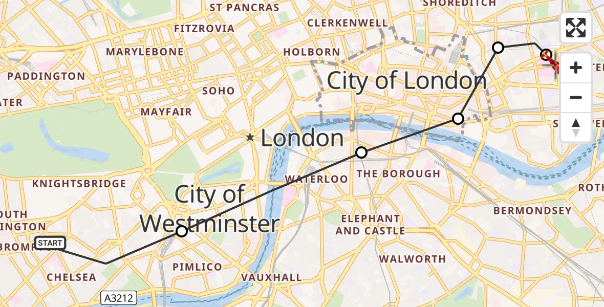 Flight path map showing Air Ambulance Helicopter route from Royal Borough of Kensington and Chelsea to Royal London Hospital