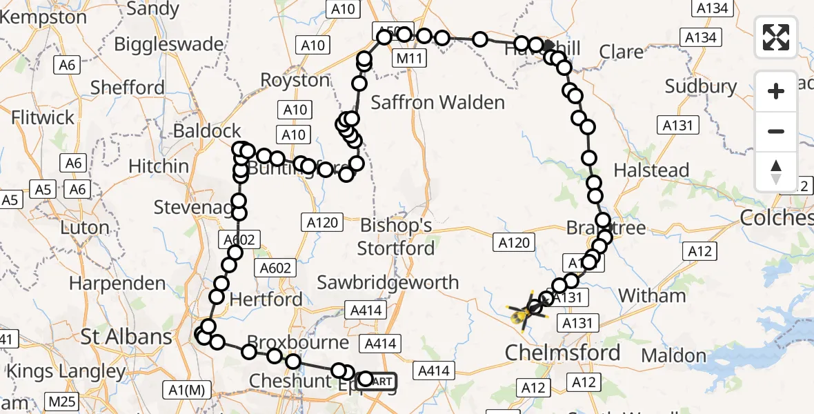 Flight path map showing Police Helicopter route from Coopersale to Chelmsford